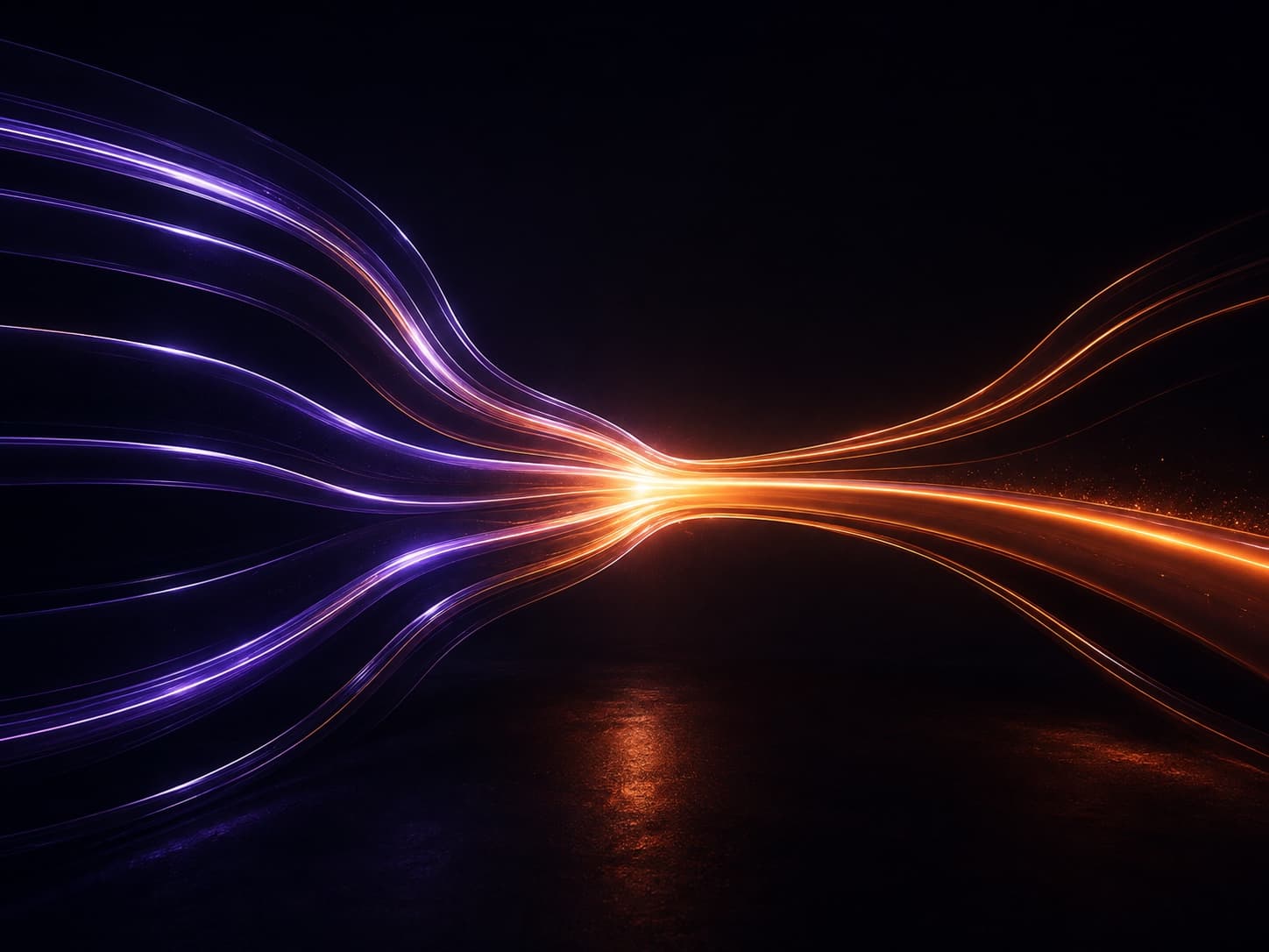 Abstract streams of light diverging and converging into a single brighter path